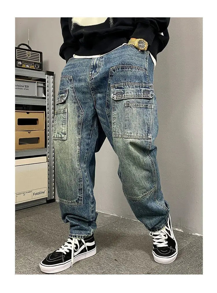 Autumn American Casual Ruffian Handsome Washed Retro Tooling Jeans Men's Straight Loose High Street Tapered Pants Tide