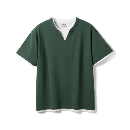 2026 Summer New Oversize 210gsm Cool Feeling Sorona Fabric Fake Double Layer T-shirts Men Comfortable Plus Size Tops