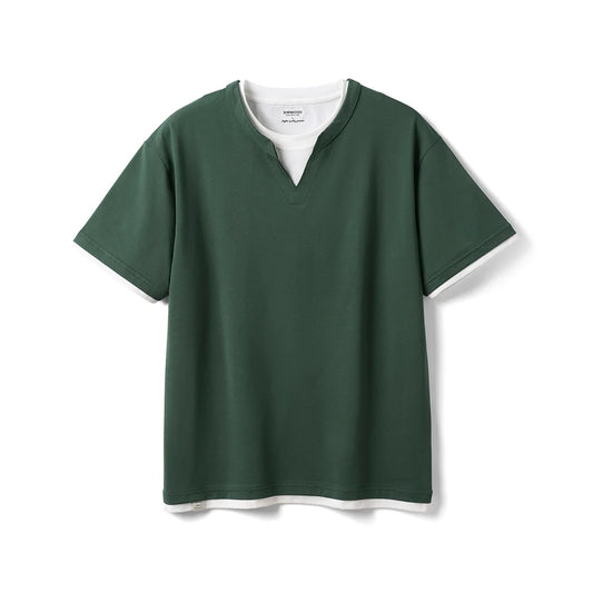 2026 Summer New Oversize 210gsm Cool Feeling Sorona Fabric Fake Double Layer T-shirts Men Comfortable Plus Size Tops
