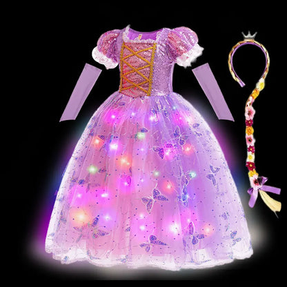 2026 Glowing Rapunzel Costume Girl LED Princess Ball Gown Christmas Light up Tangled Rapunzel Frock Toddler Girl Cosplay Dress