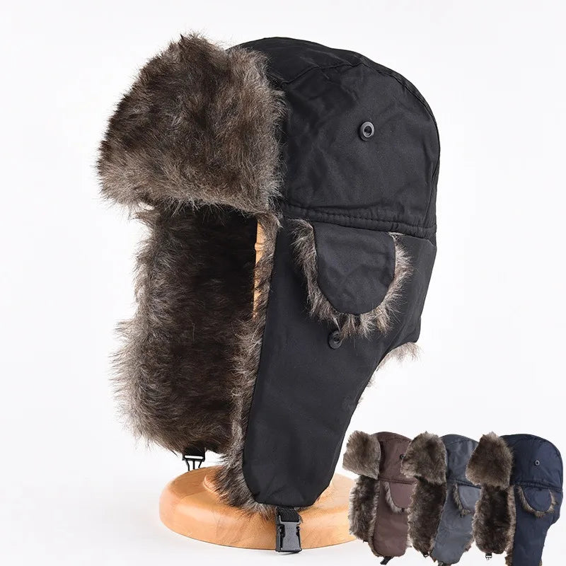 Men's Warm Soldier Hat Winter Pilot Patrolman Earmuffs Polyester Fiber Warm Russian Ski Hat Windproof Cold Pilot Hats