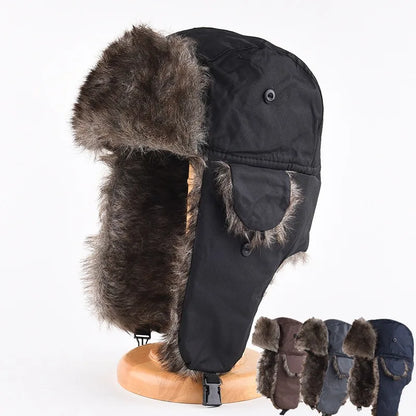 Men's Warm Soldier Hat Winter Pilot Patrolman Earmuffs Polyester Fiber Warm Russian Ski Hat Windproof Cold Pilot Hats