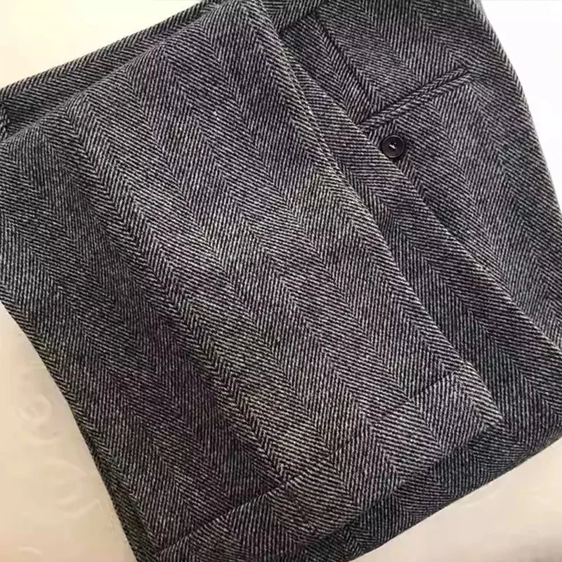 American-Style Retro Tweed High-Waisted Herringbone Wool Casual Straight-Leg Men's Trousers for Autumn and Winter in Large Sizes