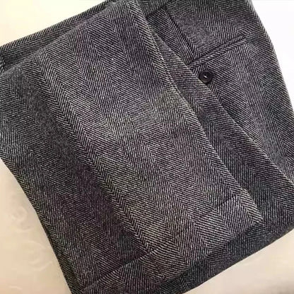 American-Style Retro Tweed High-Waisted Herringbone Wool Casual Straight-Leg Men's Trousers for Autumn and Winter in Large Sizes