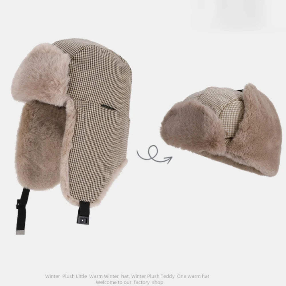 Bomber Hat Plaid Russian Caps Thick Warm Autumn Winter Hat Men Women Ski Trapper Earflap Cap Male Female Russian Fur Hat