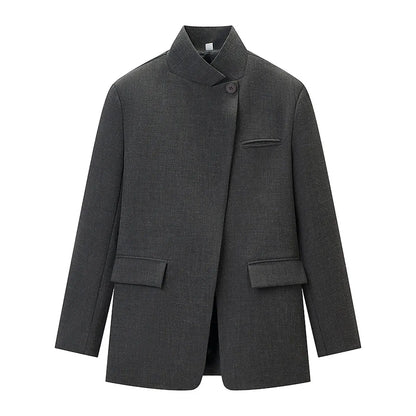 Women Casual Asymmetrical Dark Grey Blazer One Button Long Sleeve Jacket Coats 2026 Trend Vintage Solid Office Blazers