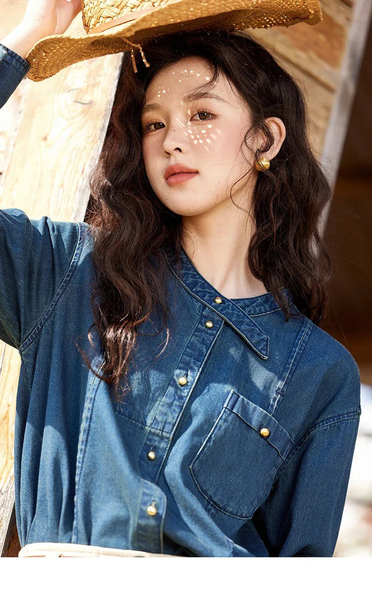 100 Cotton Denim Shirt French Retro Long Sleeved Shirt for Women 2025 Spring Loose Fit O Neck Casual Shirt Top MXE12C0384