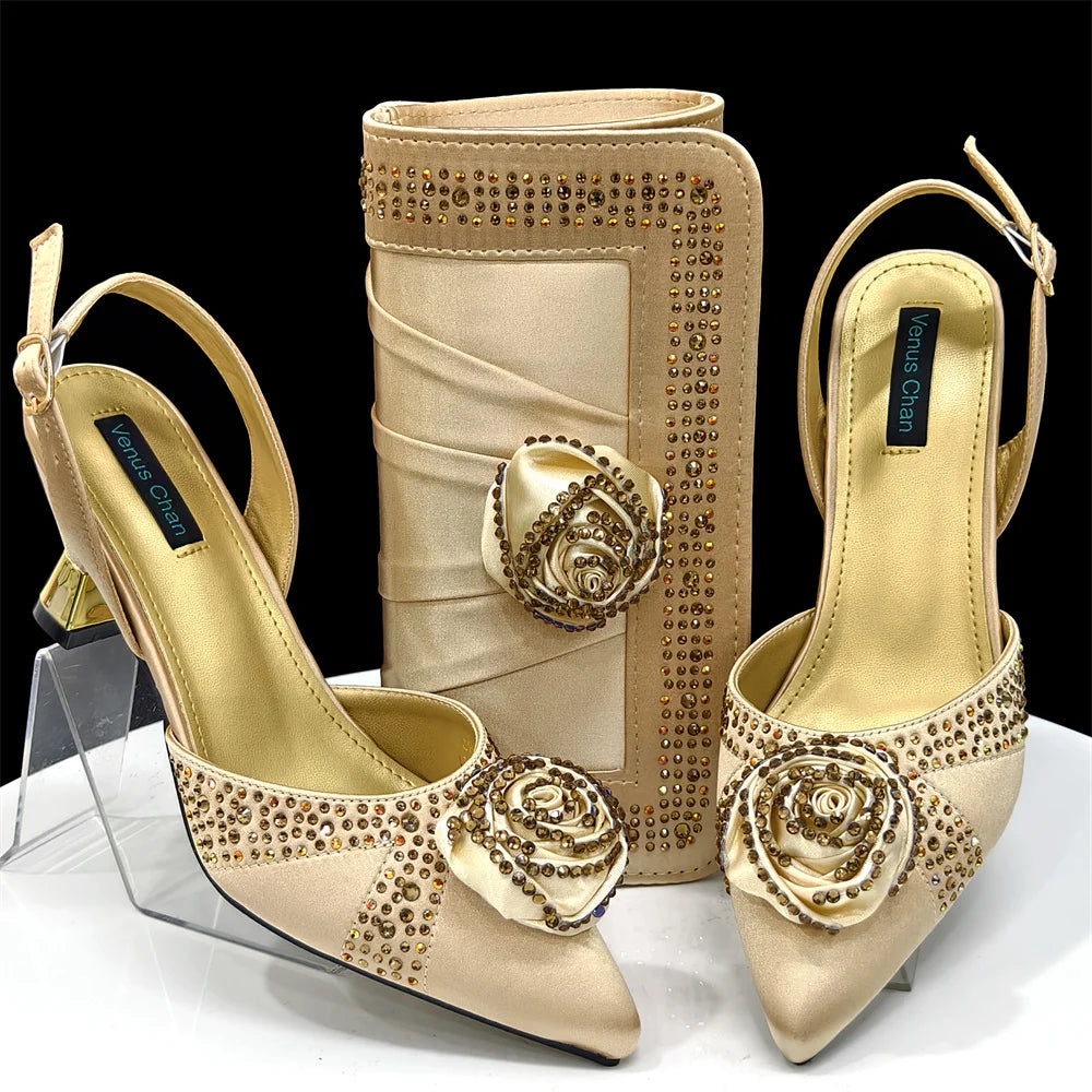 Sparkling Rhinestone Rose Pumps With Medium Heel for Nigerian Women's Party, Pointed Toe Shoes and Matching Bags