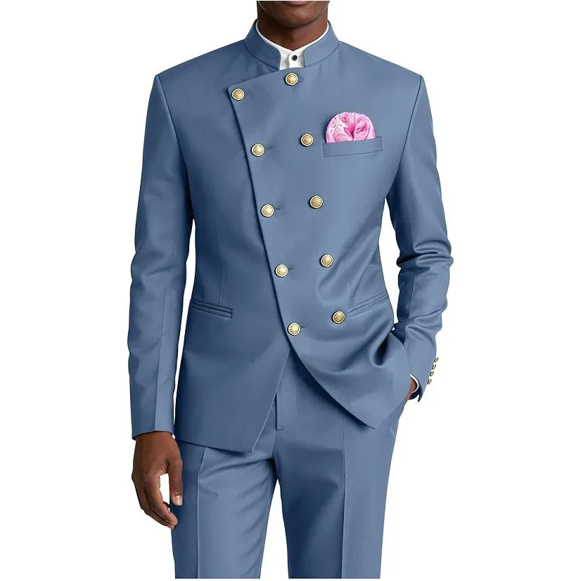 Men's Chinese Style Suit 2 Piece Brown Mandarin Collar Double Breasted With Gold Buttons Formal Jacket Pants For Business Weddin