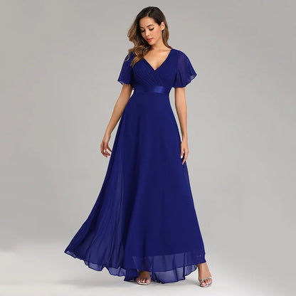 Evening Dresses Elegant V-Neck Ruffles Chiffon Formal Evening Gown  Robe Vestidos De Fiesta Dress for Wedding Party