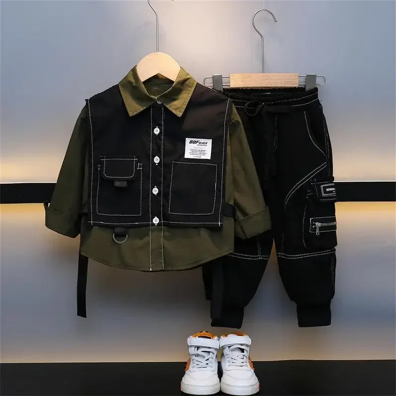 Boys Spring Autumn Clothing Set Baby Fake Two Piece Vest Shirt+Pants 2pcs Set for Korean Casual Children's Clothes Handsome Kids