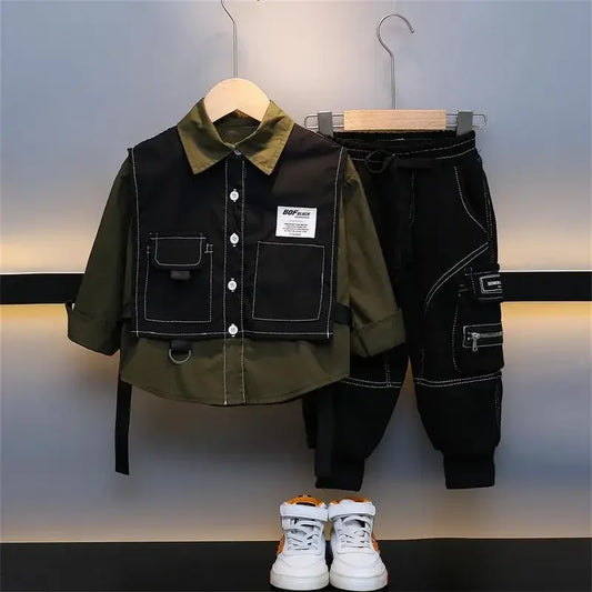 Boys Spring Autumn Clothing Set Baby Fake Two Piece Vest Shirt+Pants 2pcs Set for Korean Casual Children's Clothes Handsome Kids