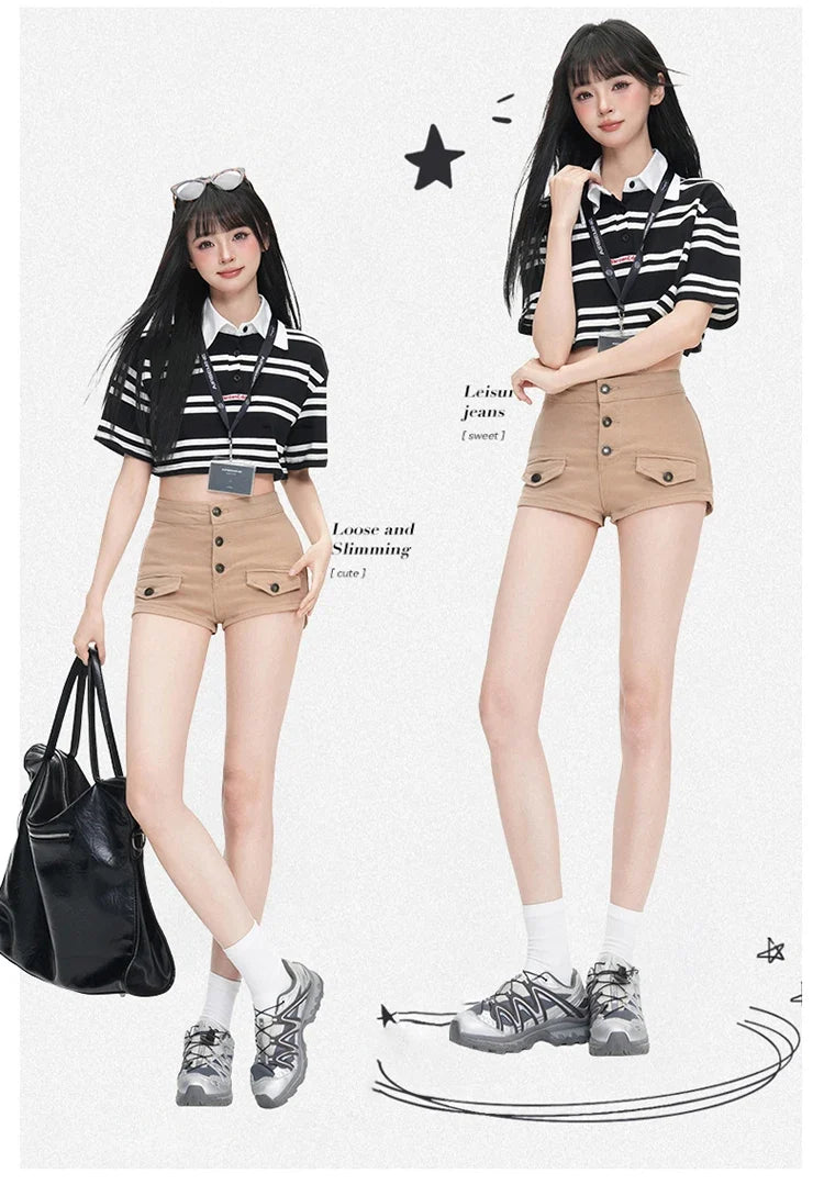 Pure Desire Slim Hip Hugging Hot Pants Old Money Style Hip Enhancing Multi Button High Waist Tight Summer New Denim Shorts