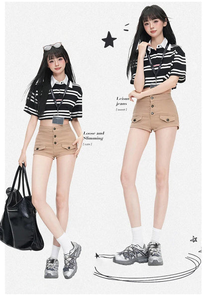 Pure Desire Slim Hip Hugging Hot Pants Old Money Style Hip Enhancing Multi Button High Waist Tight Summer New Denim Shorts