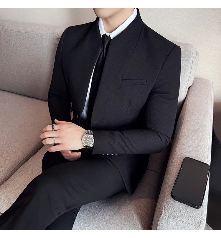 New Waffle Chinese Stand-Up Collar Blazers Men Slim Fit Business Casual Fashion Suits Jacket Formal Social Prom Party Tuxedos