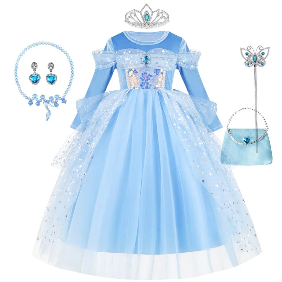 Girl Cinderella Dress Long Sleeve Princess Cosplay Costume Blue Sequin Children Bithday Surprise Kids Ball Gown