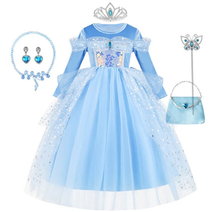 Girl Cinderella Dress Long Sleeve Princess Cosplay Costume Blue Sequin Children Bithday Surprise Kids Ball Gown