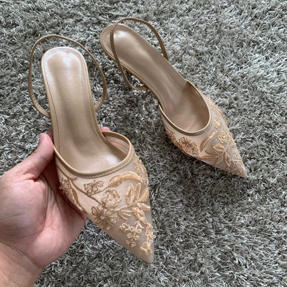 Mesh Embroidered Fashion Sandals Women String Bead High Heels Mules Shoes Pointed Toe Slingback Slippers Women Zapatos De Mujer
