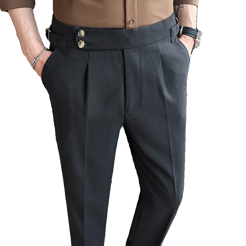 British Style Naples Men's High-end Linen Pants High Waist Straight Slim Fit Casual Trousers High Quality Solid Social Suit Pant