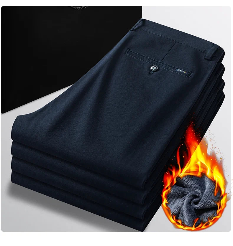 97% Cotton Straight Velvet Casual Pants Men Stretch Loose Classic Business Warm Trousers High Quality Winter Thick Fleece Pants