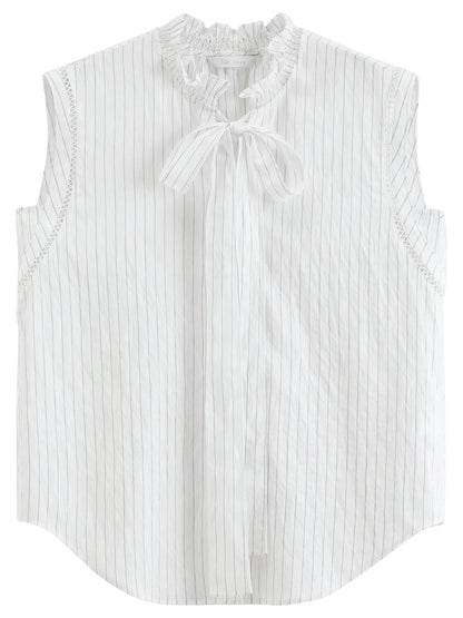 2026 Summer Women’s Striped Ruffle Tie-Neck Sleeveless Blouse, Breathable Office Top for Lightweight Elegant Office Style