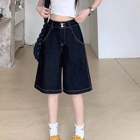 Y2K Vintage Baggy Jeans Shorts Women Streetwear High Waist Oversized Denim Pants Women Summer Harajuku Mid Long Wide Leg Pants