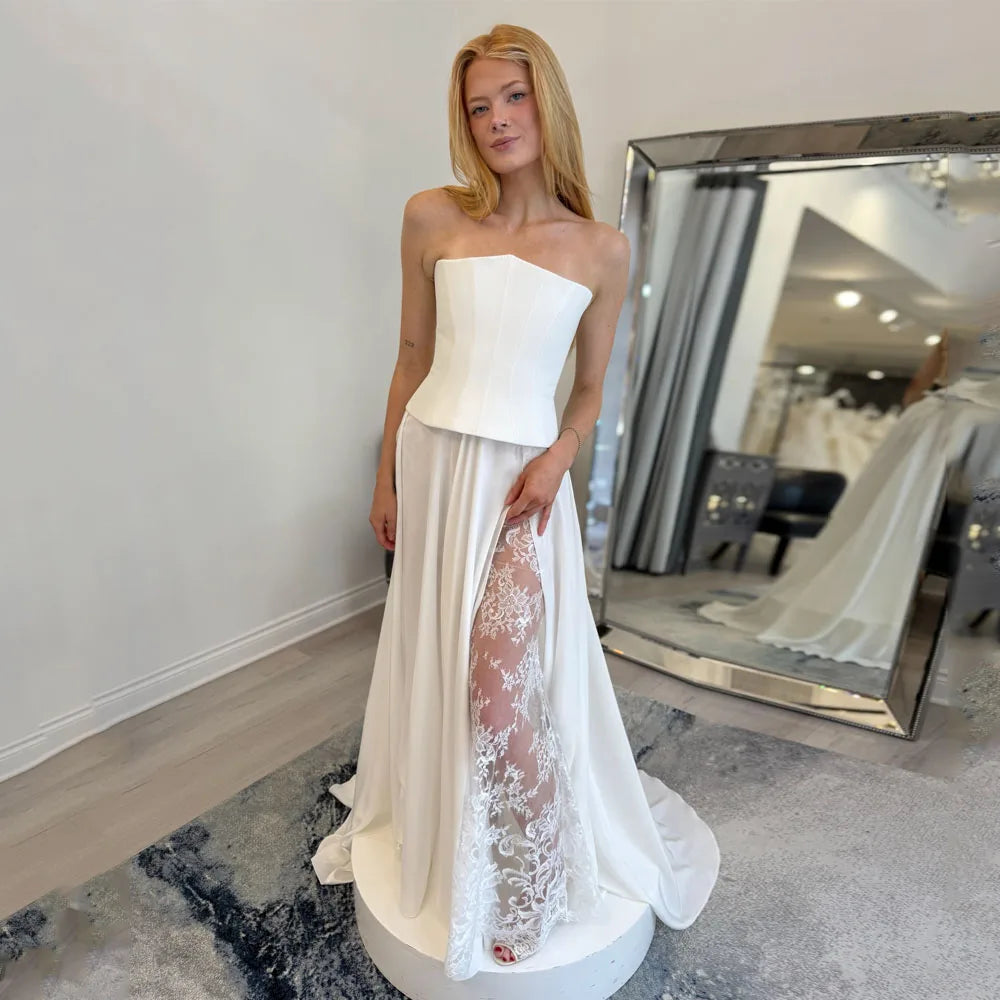 Lace Split Wedding Dresses Strapless A Line Pleat Corset Ivory White Bridal Dresses Sleeveless Vestido De Novia Civil Customized