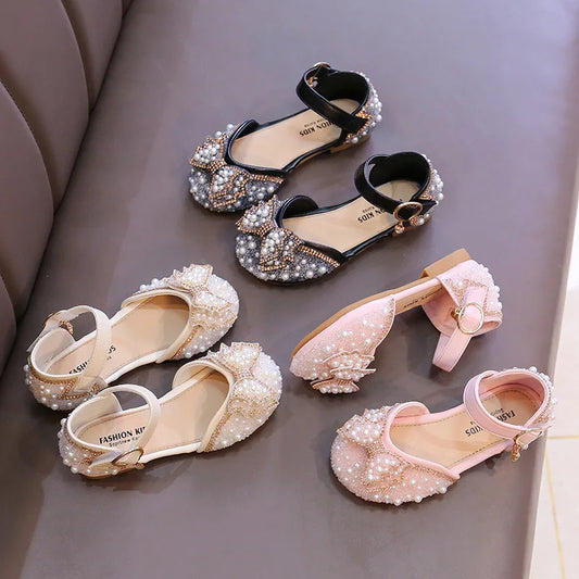 2025 New Summer Style Fashionable Comfortable Casual and Elegant Flat Bow Toe-toe Beaded Wear-resistant Girls' Leather Shoes