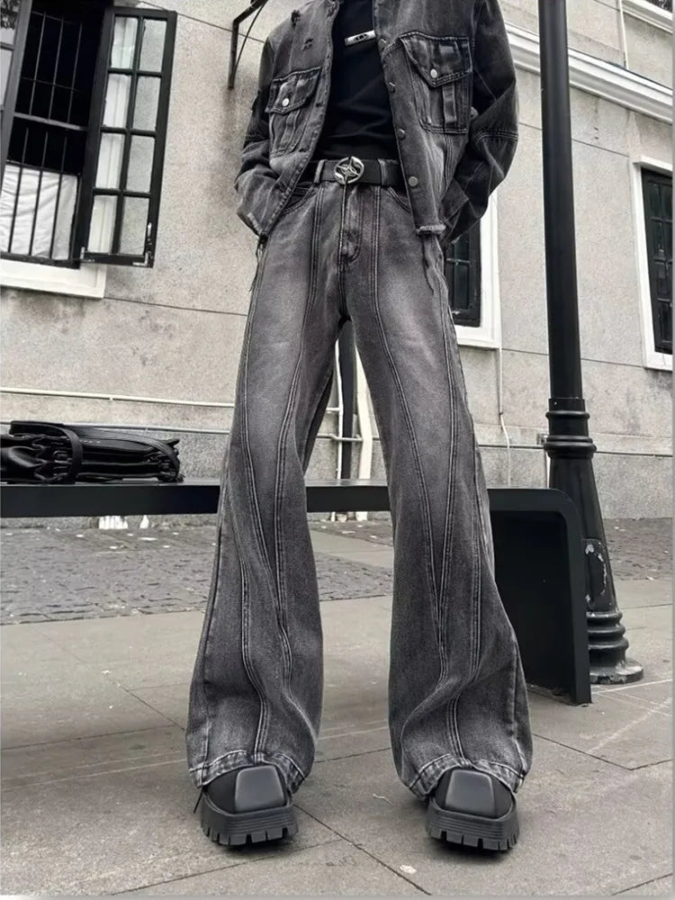 2026Trashy Y2K Streetwear Washed Grey Baggy Stacked Flare Jeans Pants Men 90S Vintage Clothes Hip Hop Luxury Male Long Trousers
