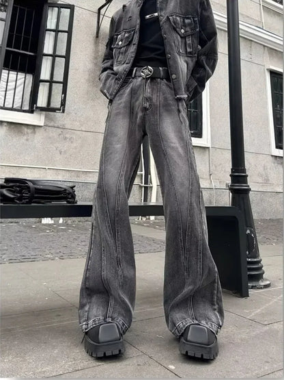 2026Trashy Y2K Streetwear Washed Grey Baggy Stacked Flare Jeans Pants Men 90S Vintage Clothes Hip Hop Luxury Male Long Trousers