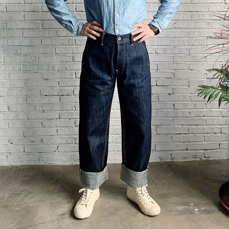 Heavy Weight 18oz Indigo Selvage Unwashed Pants Unsanforised Thick High Waist Raw Denim Jean