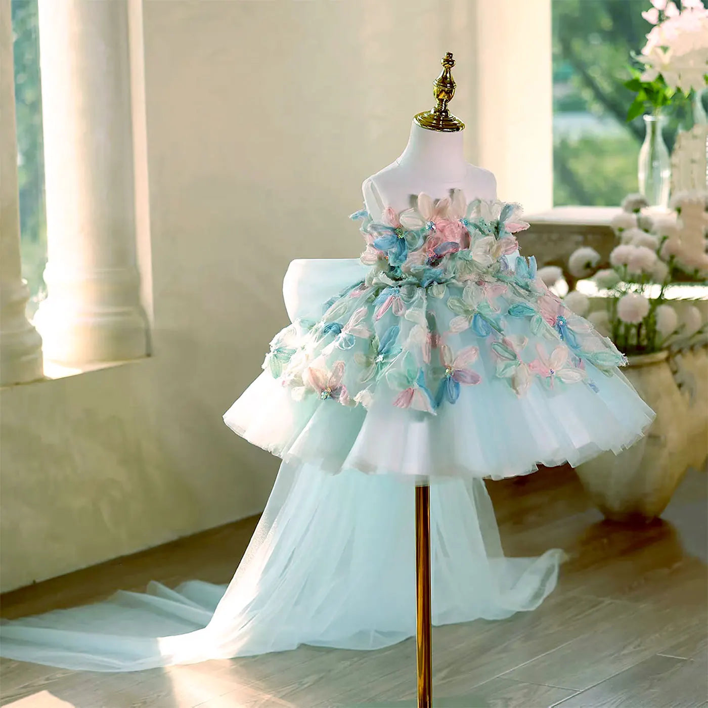 D113 Elegant Turquoise Flower Girl Dress Lace Knee Length Princess Children Wedding 1st Birthday Pageant Party Gown