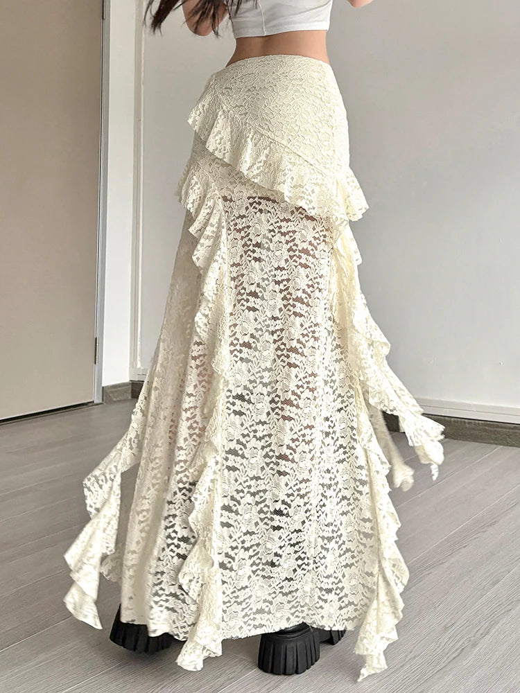 Women Tassel Skirt Irregular Hem Multi Layered Ruffles Lace Patchwork Sweet Summer Daily Wear Skinny Versatile Purple Skirt