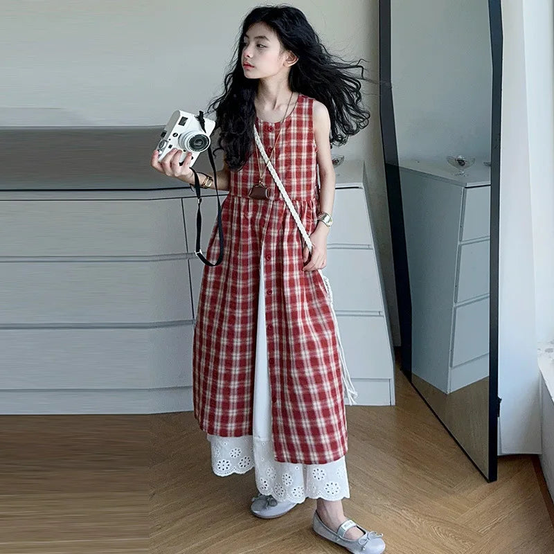 Summer Girls Retro Red Plaid Vest Dress 2-Piece Set Thin French Style Strappy Sundress Casual Vacation Outfit Teen Kids Clothes