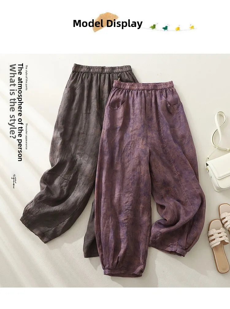 Retro Waterprint Linen Casual Nine-Piece Pants plus Size Women's Loose Elastic Waist Versatile Wide Leg Harlan Pants