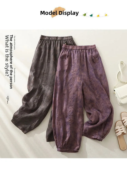 Retro Waterprint Linen Casual Nine-Piece Pants plus Size Women's Loose Elastic Waist Versatile Wide Leg Harlan Pants