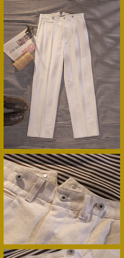 Beige Fishtail Waist Officer's Pants Vintage Deck Loose High Waist Straight Leg Casual Pants Cotton Wide Leg Pants