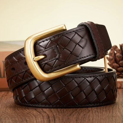 3.8cm Copper Buckle Designer Cowskin Real Genuine Leather Belts For Men Luxury Woven Cowboy Braided Male Strap for Jeans