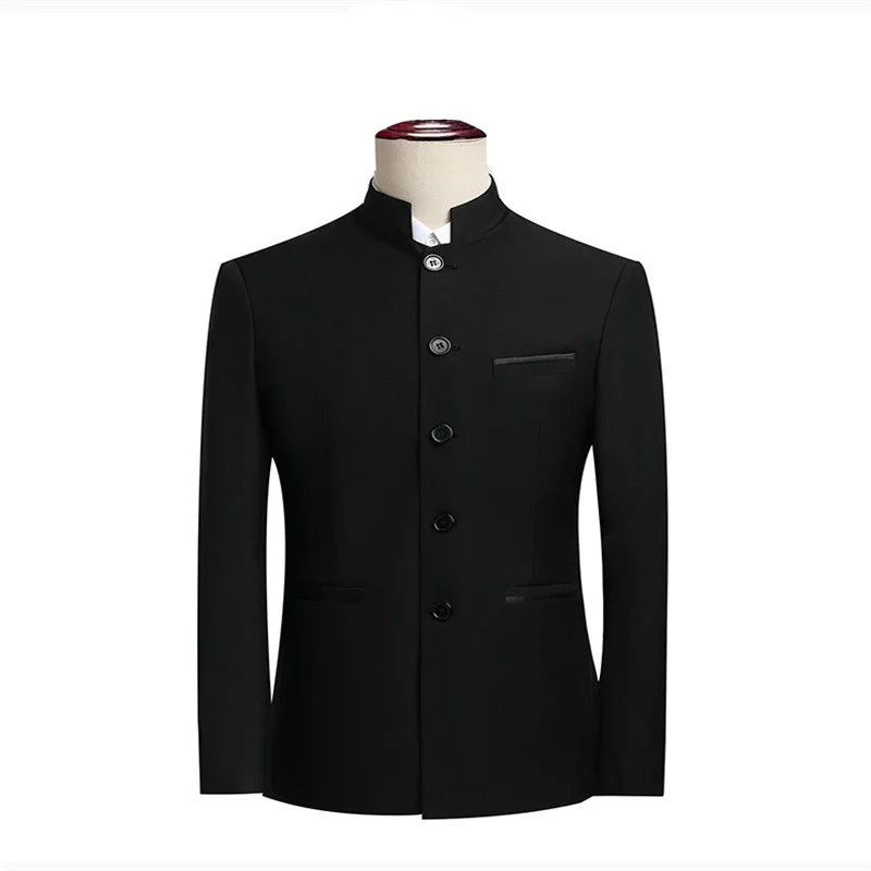 2026 New Men's Stand Collar Long Sleeve Suit Jacket, Asian Size Chinese-Style Slim-Fit Blazer in Dark Blue/Red/Grey/Black/White