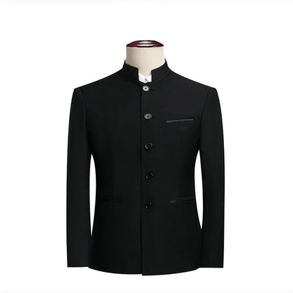 2026 New Men's Stand Collar Long Sleeve Suit Jacket, Asian Size Chinese-Style Slim-Fit Blazer in Dark Blue/Red/Grey/Black/White