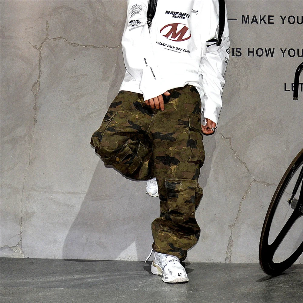 High Quality Vintage Multi-Pocket Camo Cargo Pants Mens Clothing High-End Fabric Tactical Baggy Pants Thick Casual Work Trousers