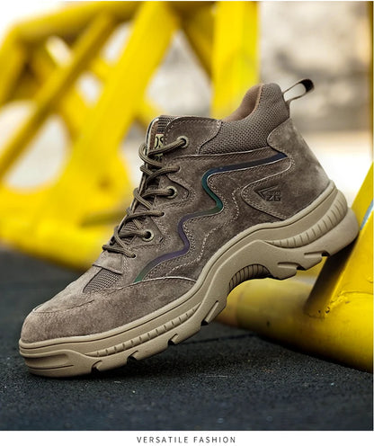 Reflective Strip Design Safety Work Shoes For Men Cow Suede Leather Indestructible Construction Boots Steel Toe Male Footwear