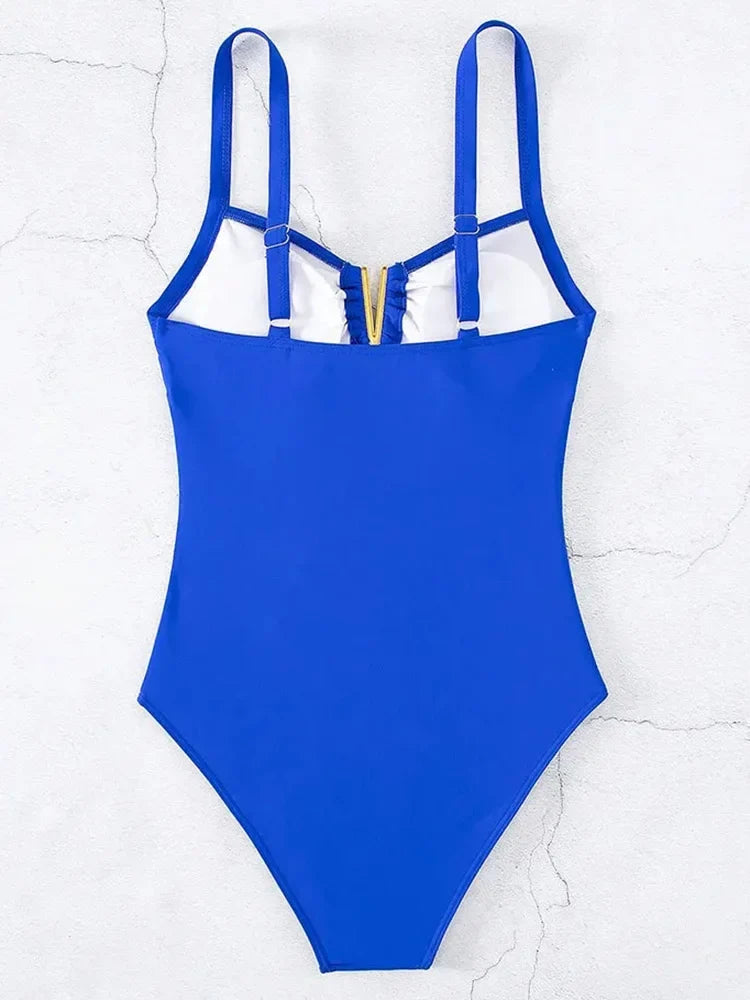 2026 V Neck Pleated Swimsuits Female Swimwear One Piece Swimsuit Women High Cut Bather Bathing Suit Swim Beachwear Slim Bodysuit