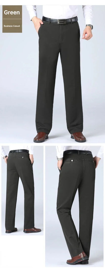 Men's Office Business 100% Cotton Pants Summer Thin & Autumn Thick High Waist Straight Loose Solid Bland Suit Slacks GOZBKF