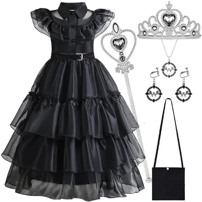 2026 Halloween Festival Popular Black Dress Girls Cosplay Short Sleeve Ruffles Clothing With Belt + Accessories Set Gift