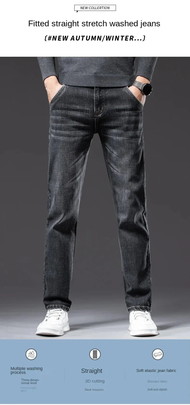 2026 Regular Fit Jeans Classic Style  Spring Summer New Men's Light Blue Stretch Denim Fabric Pants Male Brand