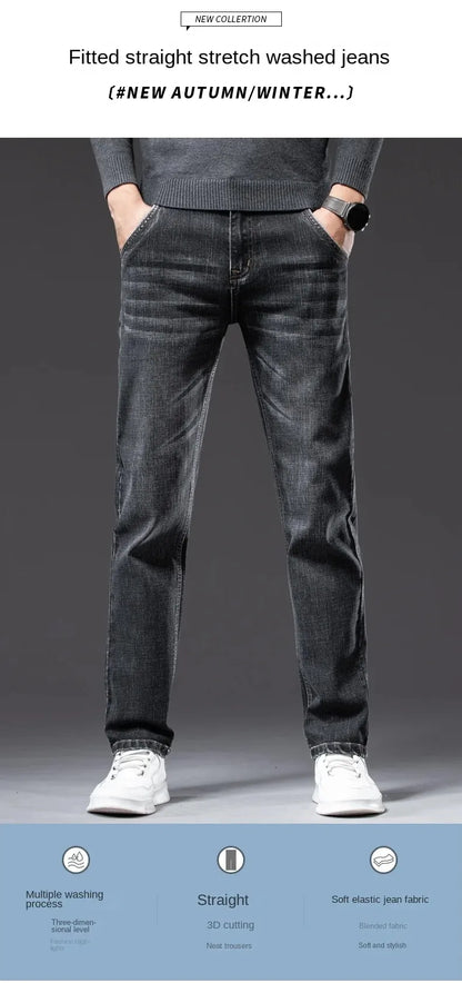 2026 Regular Fit Jeans Classic Style  Spring Summer New Men's Light Blue Stretch Denim Fabric Pants Male Brand