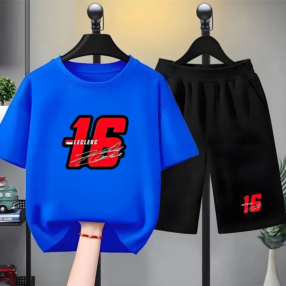 Summer Kids T-Shirt White Round Neck Tops+Shorts Boy Girl Charles Leclerc Racing Car No. 16 Clothing Sets Casual Cool Tees
