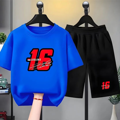 Summer Kids T-Shirt White Round Neck Tops+Shorts Boy Girl Charles Leclerc Racing Car No. 16 Clothing Sets Casual Cool Tees