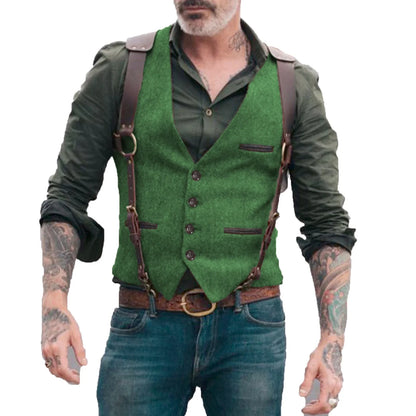 Men's Suit Vest Herringbone Tweed V Neck Business Formal Dress Waistcoat for Wedding Suit or Tuxedo